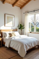 Sun-drenched California bedroom with coastal vibes  Whitewashed walls, natural wood accents, and a relaxed, airy atmosphere  Perfect for a tranquil getaway  ,  beach,  calm