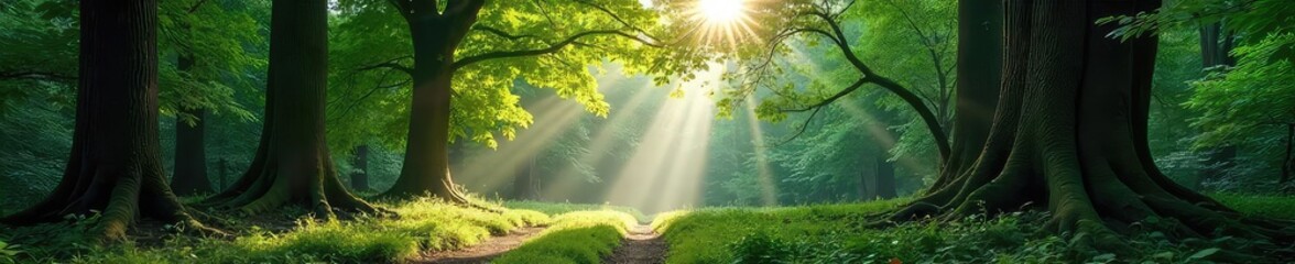 Mystical Sunlight Dapples Through Ancient Forest Canopy Serene Untouched Nature Scene