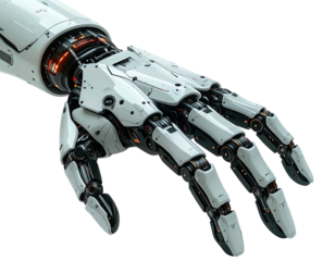 Close-up of a futuristic robotic hand, detailed mechanical structure, white and black components, reaching out