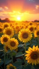 Obraz premium Golden Hour Sunflowers A Breathtaking Sunrise over a Vibrant Field of Blooming Sunflowers, creating a stunning natural spectacle perfect for summer, agriculture, and nature themes.