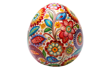 Ornate Easter Egg with Vibrant Floral Patterns and Paisley Motifs cutout png isolated on a transparent background