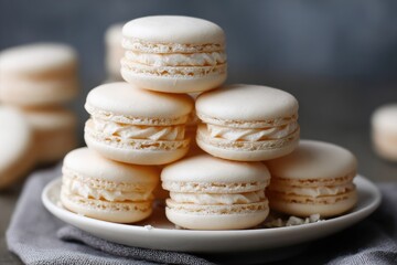 Delicate off-white macarons stacked on a plate