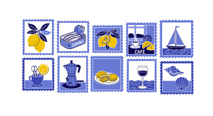 Charming collection of illustrated stamps featuring coastal delights, fresh lemons, cafe scenes, and savory sardines, perfect for travel and food themes.