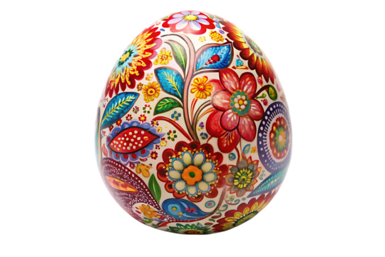 Ornate Easter Egg with Vibrant Floral Patterns and Paisley Motifs cutout png isolated on a transparent background