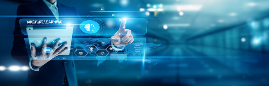 Businessman analyzing global networks machine learning, predictive modeling, AI training, data analysis, automation systems, neural networks, real-time insights, and advanced analytics solutions.