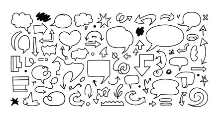 Dynamic hand-drawn speech bubbles and arrows collection, perfect for conveying ideas, communication, and direction in modern design projects.