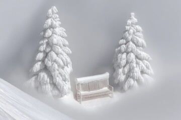 Snowy landscape with frosted trees and bench