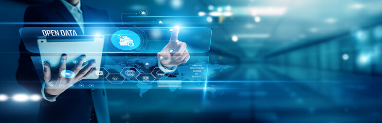 Businessman analyzing global networks open data, transparency, public datasets, government portals,...