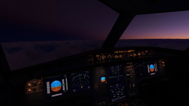 Sunset in the flightdeck. Cockpit view of Airbus A320, showing flight instruments, controls at dawn