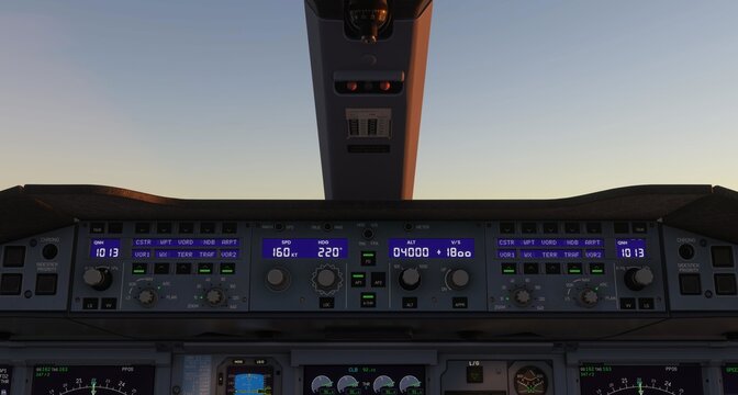 Control Panel of cockpit commercial airplane. Airliner Autopilot Panel and Instruments