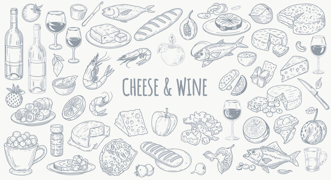 Delicious assortment of cheese, wine, fruits, seafood, and bread illustrations for gourmet dining and culinary inspiration