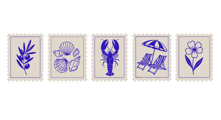 Charming vintage stamp collection featuring delightful summer vacation and nature motifs, perfect for travel and coastal themes © AgnaPutri
