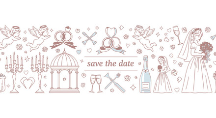Celebrate love with charming wedding icons, featuring cupid, rings, gowns, champagne, and elegant décor for your special day announcement