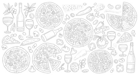 Delicious pizza, wine, cheese, and fresh ingredients artfully arranged for a vibrant culinary celebration perfect for menus, recipes, or restaurant branding.