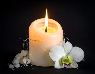 A single, illuminated candle surrounded by a white orchid and decorative elements on a dark background