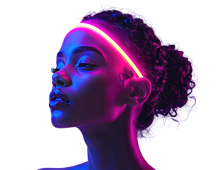 Close-up of a woman's face, lit by vibrant pink and purple neon light, a glowing headband encircles her forehead