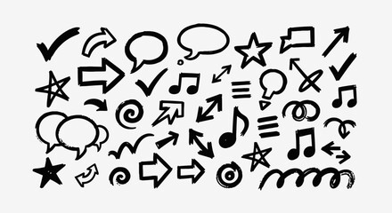 Dynamic hand-drawn icons including arrows, speech bubbles, stars, checkmarks, and music notes for creative projects and design elements
