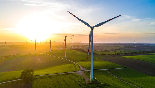 Aerial view of wind turbines at sunset over rolling hills