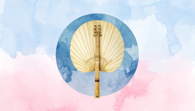 Minimalist 2D artwork of a sasando, traditional string instrument from Rote Island, shaped like a fan with palm leaf covering, soft pastel colors