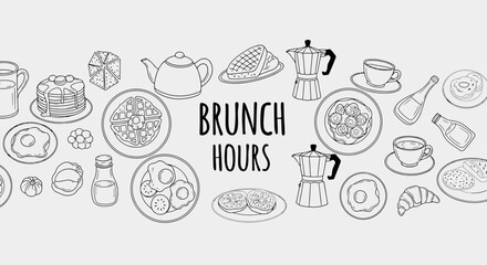Delightful hand-drawn brunch icons celebrate morning meals, coffee, and sweet treats perfect for cafe menus and food blogs