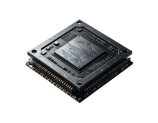 Close-up of a dark, square, complex integrated circuit.  Complex circuitry, intricate connections, and a matte finish are visible on the chip