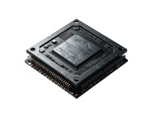 Close-up of a dark, square, complex integrated circuit.  Complex circuitry, intricate connections, and a matte finish are visible on the chip