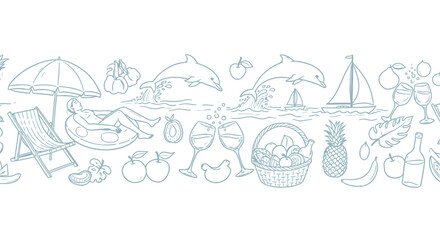 Dreamy summer vacation vibes with dolphins jumping, sailing, and relaxing by the beach, perfect for travel and leisure themes. © AgnaPutri