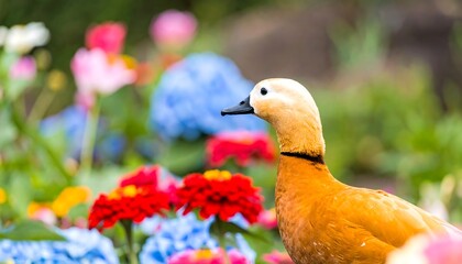 Orange duck amidst colorful flowers