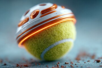 Futuristic tennis ball concept with glowing orange accents for cutting edge sports technology campaign