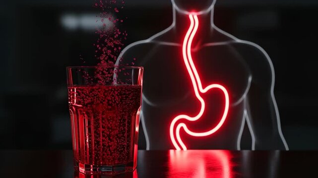 Red drink fizzing in glass with glowing esophagus and stomach outline for heartburn relief and digestive health concept.
