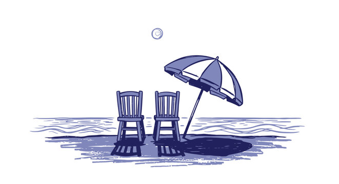 Relaxing beach vacation awaits with two chairs under a blue striped umbrella, perfect for summer vibes and tranquil getaways