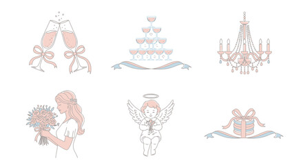 Elegant wedding details bring a touch of romance with champagne flutes, a chandelier, a bride, an angel, and wedding rings for your fairytale event