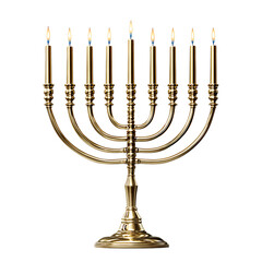 Fototapeta premium A golden menorah stands against a transparent background its nine candles burning brightly with small blue flames signifying festive celebration