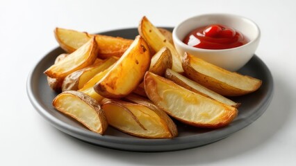 Crispy potato wedges on a plate with ketchup (1)