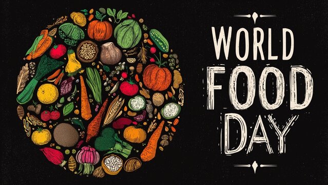 World Food Day flat design vector art of fruits, vegetables, and grains forming a colorful globe symbol with bold colourful text "WORLD FOOD DAY"