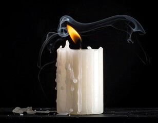 A single white candle burns with smoke