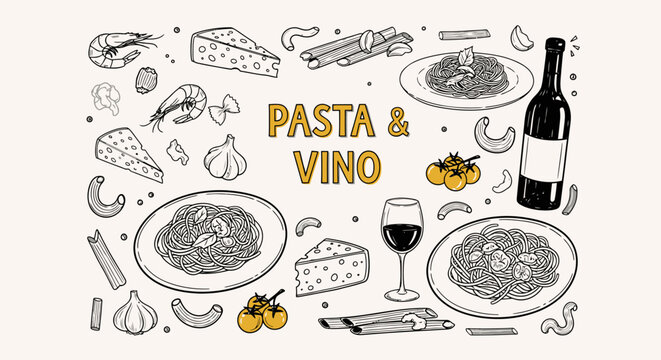 Delicious pasta dishes and fine wine create an Italian inspired feast, perfect for restaurant menus, culinary blogs, and inviting dinner party promotions