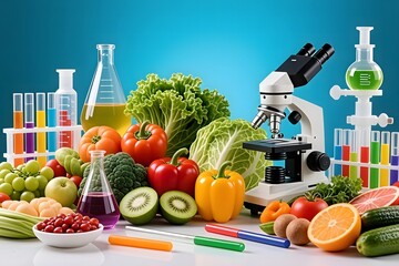 Analyzing fresh produce and fruit using scientific laboratory equipment, including beakers, test tubes, and a microscope for food analysis and quality control.