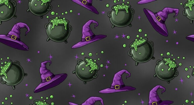 Festive Halloween pattern for design! Features witch hats and cauldrons with bubbling green potions. Perfect for party invites, cards, and spooky themes. Fun, bright design.