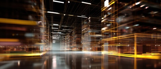 A futuristic warehouse interior featuring illuminated pathways and vertical structures, emphasizing technology and innovation.