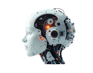 Profile view of a futuristic, white robot head, showcasing intricate inner mechanisms