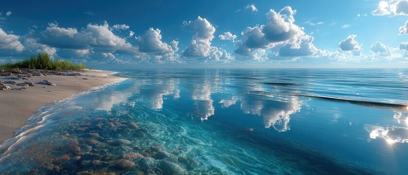 Discover stunning ocean tranquility with crystal clear water and serene cloudy sky reflections