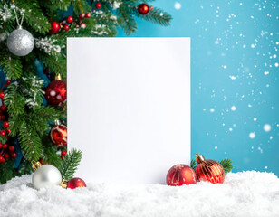 christmas with blank paper and decoration on snow design background