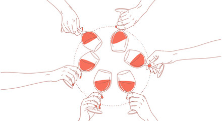 Celebrate together with a toast of red wine! Conceptual vector illustration of friendship, cheers, and festive celebrations with wine glasses