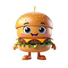 Cartoon hamburger character with large eyes, a cheerful expression, and light-brown bun