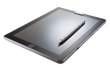 Silver stylus pen resting on a dark grey tablet computer screen cutout png isolated on a transparent background