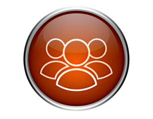 Rounded, orange button featuring three outlined user icons