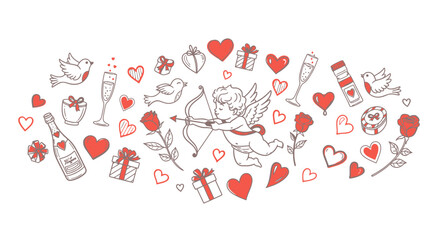 Sweet Valentine's Day doodles with Cupid, hearts, gifts, champagne, and roses for a loving and romantic celebration of love and connection
