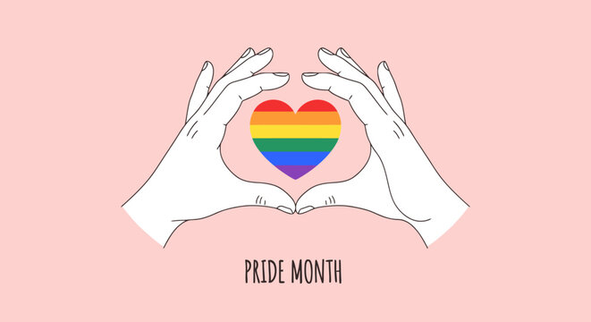 Celebrate Pride Month with love and inclusivity, hands forming a heart with rainbow colors on a soft pink background conveying hope and acceptance