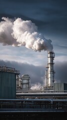 A towering industrial structure emits white smoke against a moody sky, showcasing a blend of machinery and environmental impact.